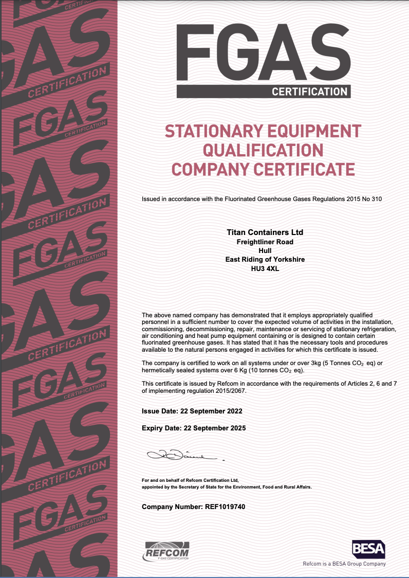 FGAS Certification TITAN Containers UK