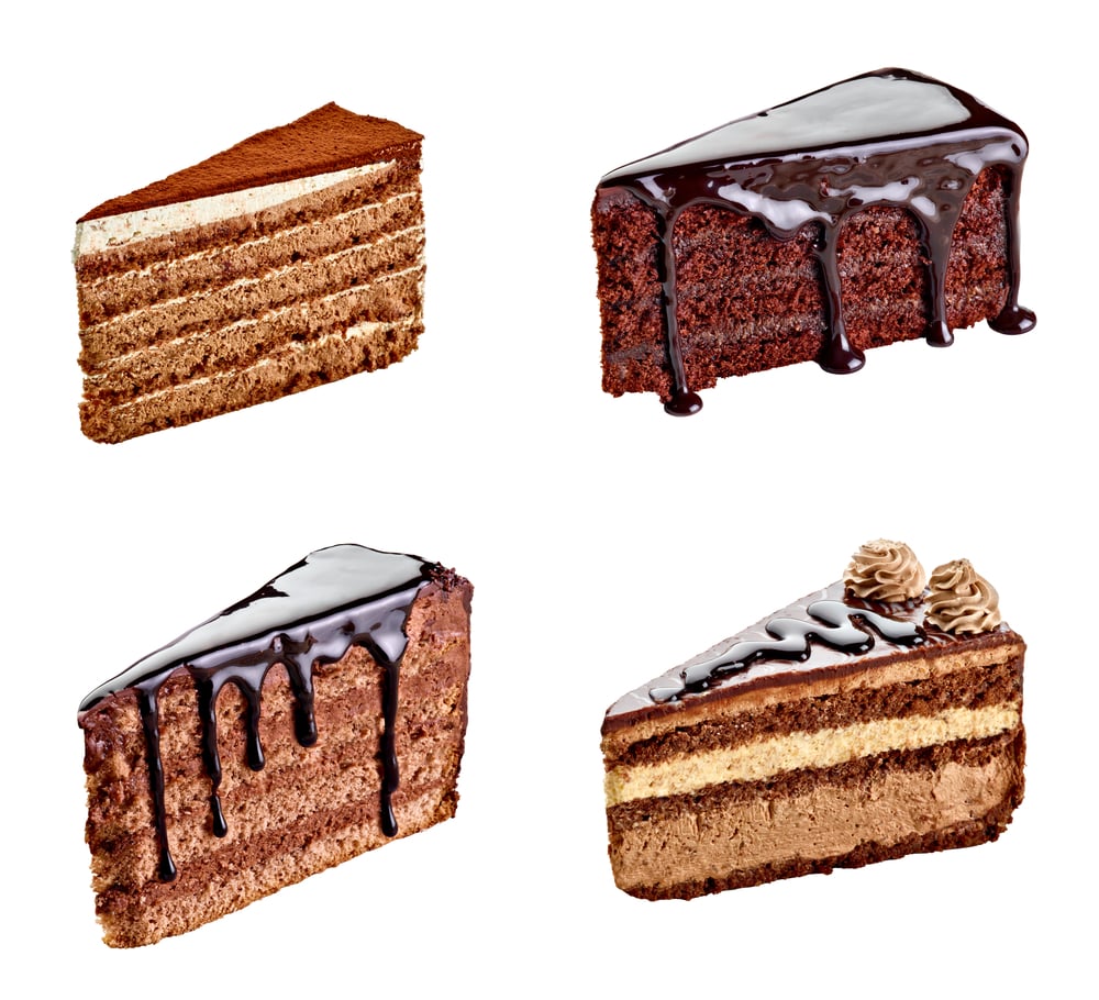collection of various chocolate cake on white background. each one is shot separately